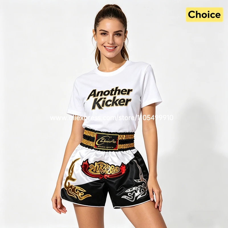 Black Red Muay Thai Shorts Satin Boxing Shorts Men Women Kids Embroidery MMA Martial Arts Kickboxing Cage Fight Training Pants
