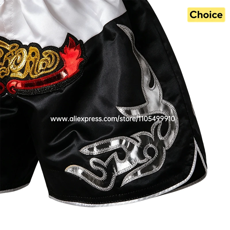 Black Red Muay Thai Shorts Satin Boxing Shorts Men Women Kids Embroidery MMA Martial Arts Kickboxing Cage Fight Training Pants