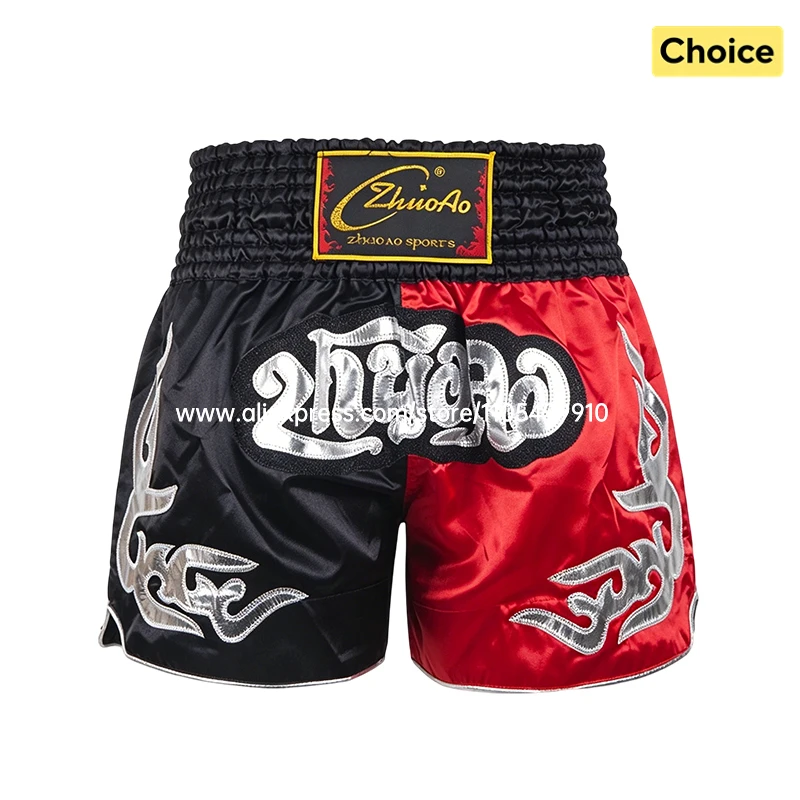 Black Red Muay Thai Shorts Satin Boxing Shorts Men Women Kids Embroidery MMA Martial Arts Kickboxing Cage Fight Training Pants