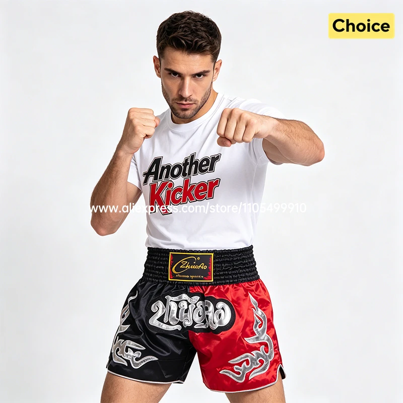 Black Red Muay Thai Shorts Satin Boxing Shorts Men Women Kids Embroidery MMA Martial Arts Kickboxing Cage Fight Training Pants