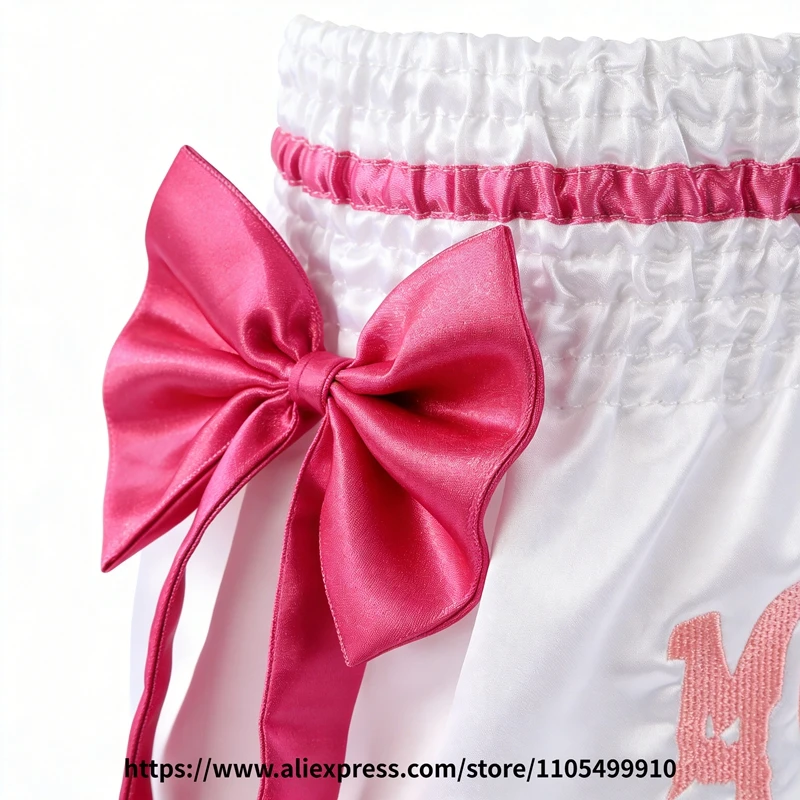 Muay Thai Boxing Shorts Bow Tie Ribbon Satin Elastic Waist Kickboxing Pants Martial Arts MMA Fight Shorts Adult Men Women Kids