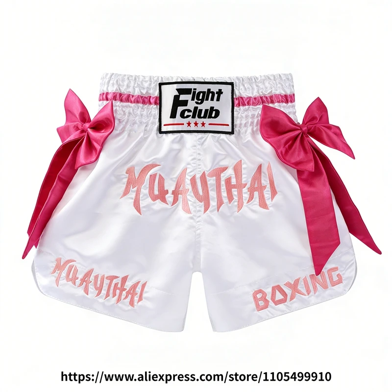 Muay Thai Boxing Shorts Bow Tie Ribbon Satin Elastic Waist Kickboxing Pants Martial Arts MMA Fight Shorts Adult Men Women Kids