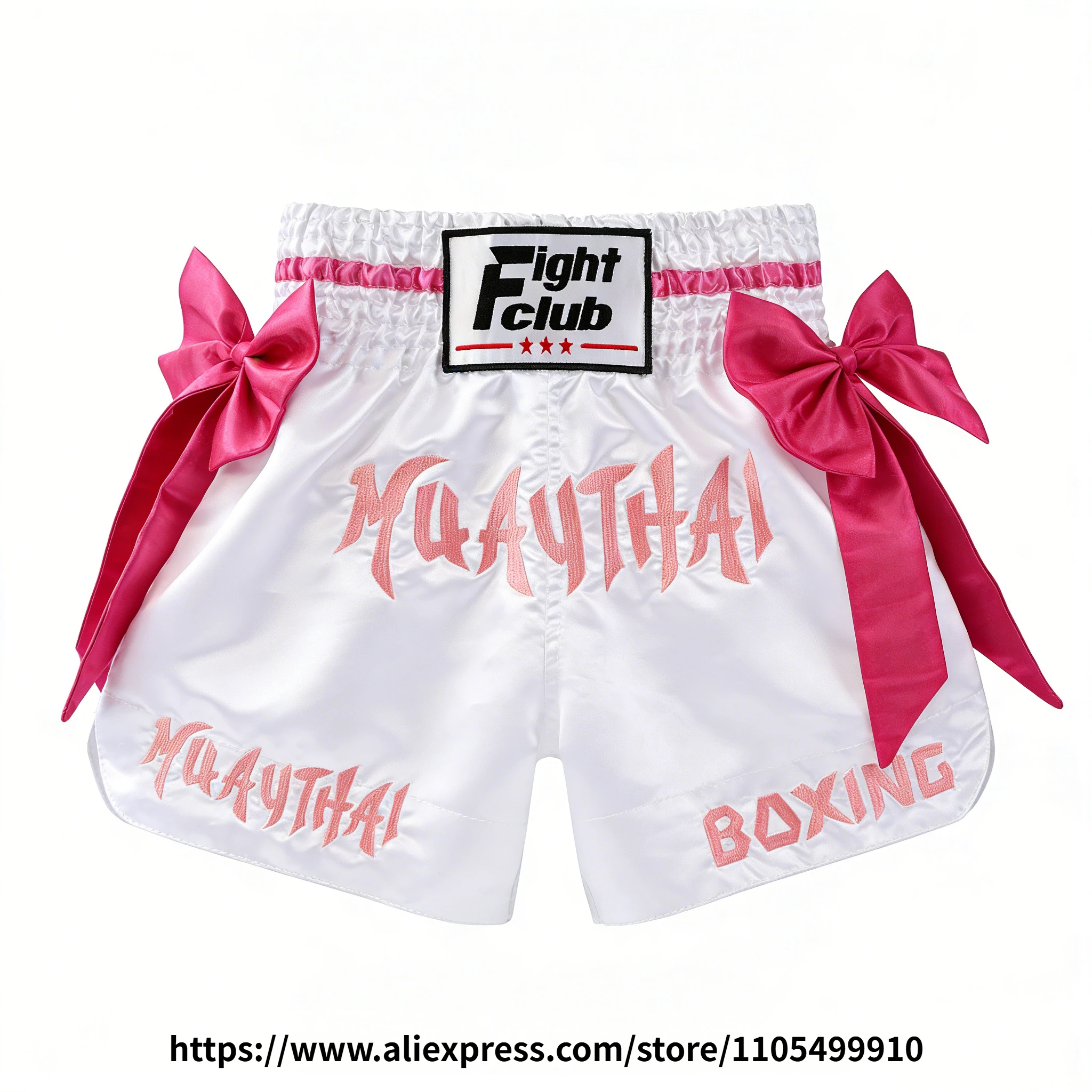 Muay Thai Boxing Shorts Bow Tie Ribbon Satin Elastic Waist Kickboxing Pants Martial Arts MMA Fight Shorts Adult Men Women Kids