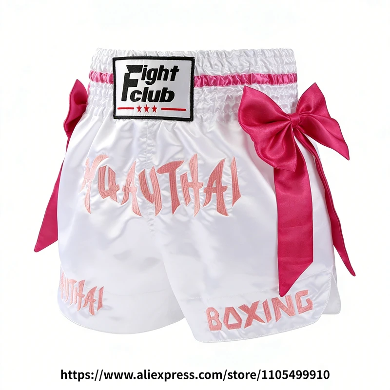 Muay Thai Boxing Shorts Bow Tie Ribbon Satin Elastic Waist Kickboxing Pants Martial Arts MMA Fight Shorts Adult Men Women Kids