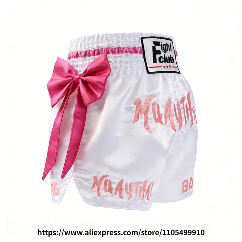 Muay Thai Boxing Shorts Bow Tie Ribbon Satin Elastic Waist Kickboxing Pants Martial Arts MMA Fight Shorts Adult Men Women Kids
