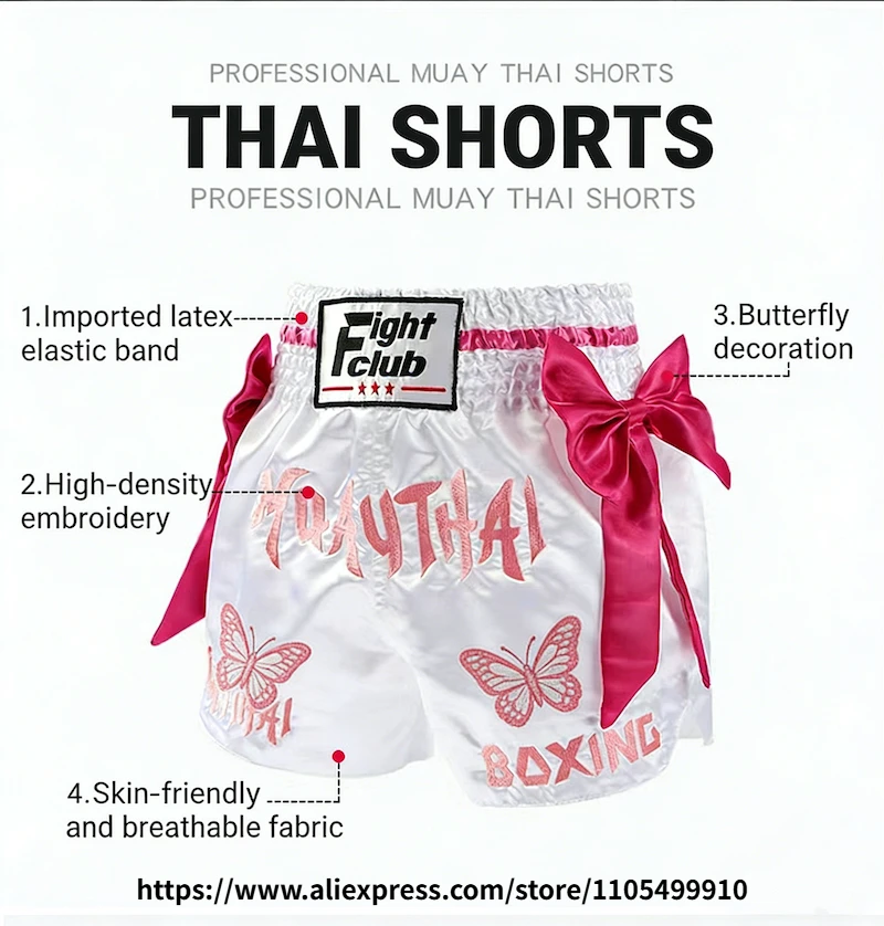 Muay Thai Boxing Shorts Bow Tie Ribbon Satin Elastic Waist Kickboxing Pants Martial Arts MMA Fight Shorts Adult Men Women Kids