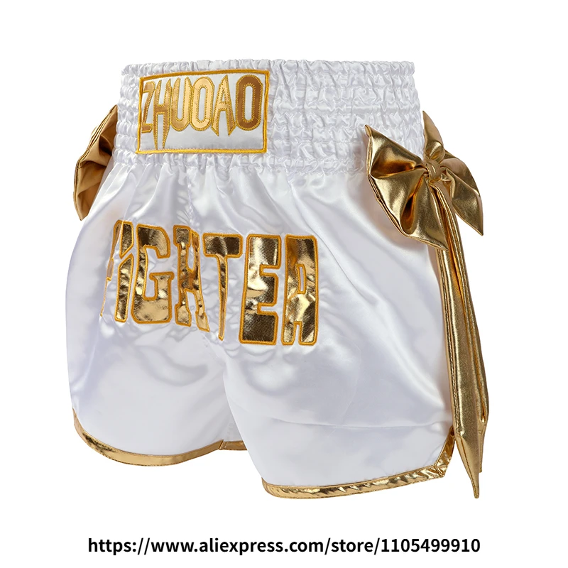 Bow Ribbon Thai Boxing Shorts Women Men Kids Muay Thai Fight Training Shorts MMA Kickboxing Sparring Boxing Competition Pants