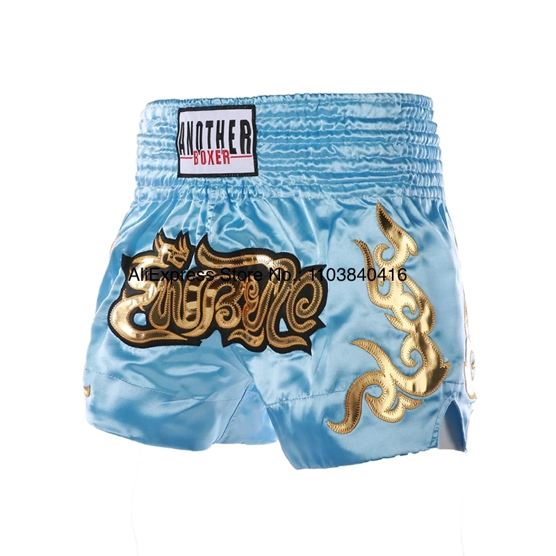 Short Muay Thai Man Kick Boxing Shorts Women Kid Gold Embroidery Satin Kickboxing Cage Fight Pants Black MMA Martial Arts Gear