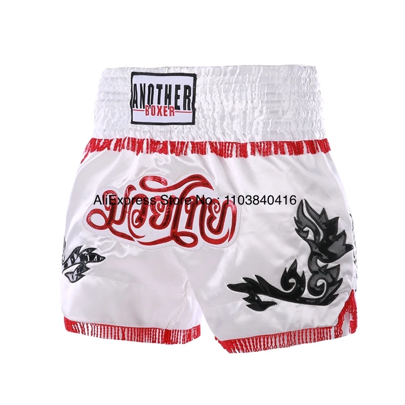 Short Muay Thai Man Kick Boxing Shorts Women Kid Gold Embroidery Satin Kickboxing Cage Fight Pants Black MMA Martial Arts Gear