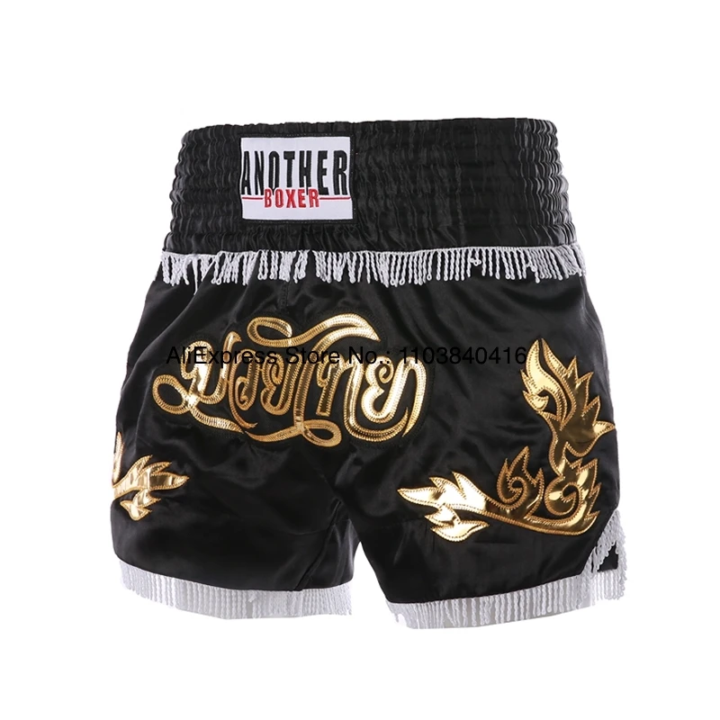 Short Muay Thai Man Kick Boxing Shorts Women Kid Gold Embroidery Satin Kickboxing Cage Fight Pants Black MMA Martial Arts Gear