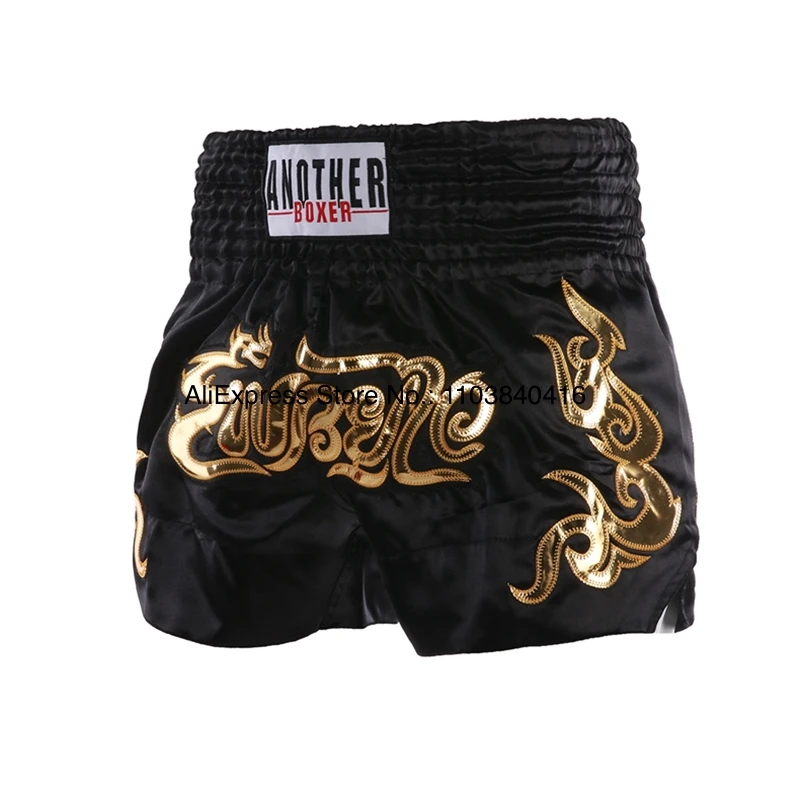 Short Muay Thai Man Kick Boxing Shorts Women Kid Gold Embroidery Satin Kickboxing Cage Fight Pants Black MMA Martial Arts Gear