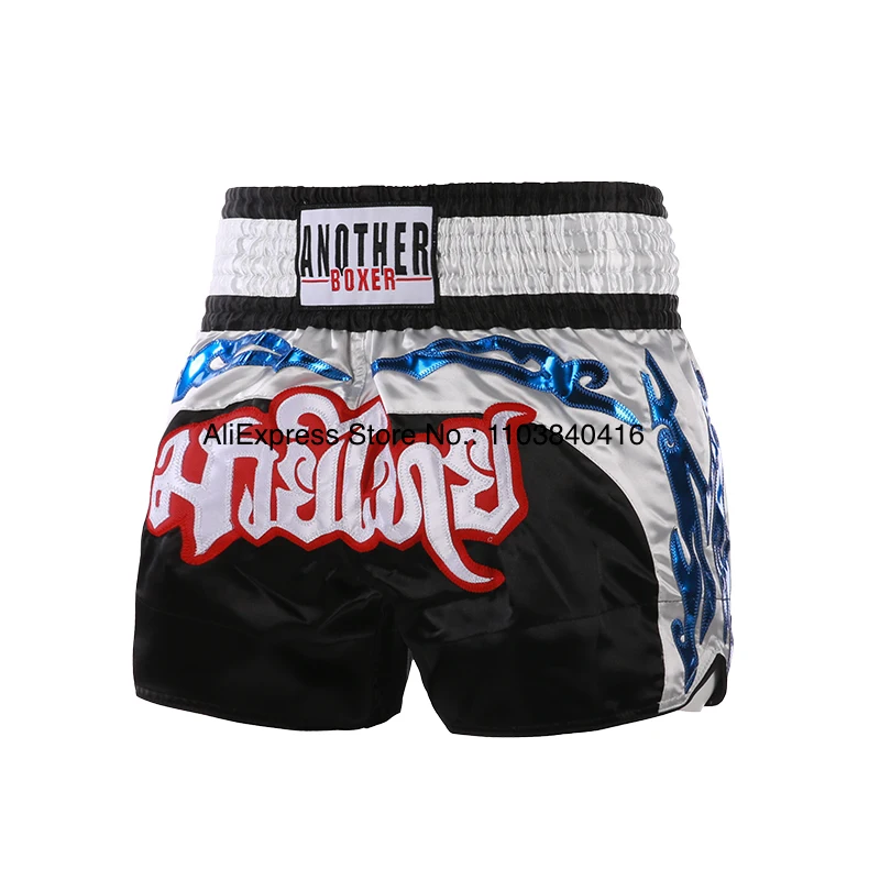 Short Muay Thai Man Kick Boxing Shorts Women Kid Gold Embroidery Satin Kickboxing Cage Fight Pants Black MMA Martial Arts Gear