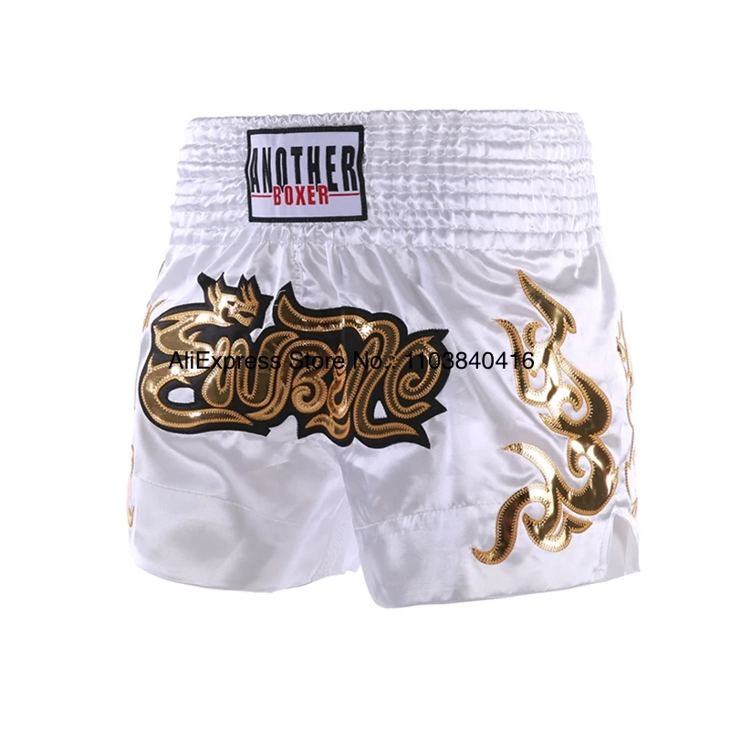 Short Muay Thai Man Kick Boxing Shorts Women Kid Gold Embroidery Satin Kickboxing Cage Fight Pants Black MMA Martial Arts Gear