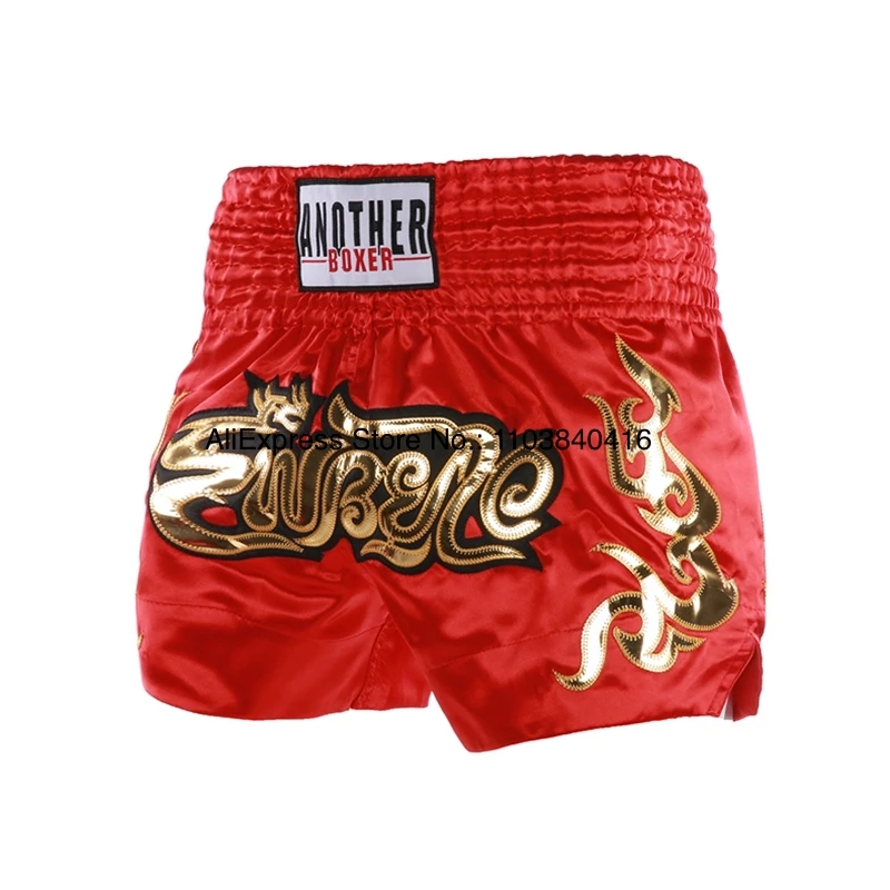 Short Muay Thai Man Kick Boxing Shorts Women Kid Gold Embroidery Satin Kickboxing Cage Fight Pants Black MMA Martial Arts Gear