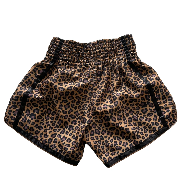 Leopard Print Muay Thai Shorts Unisex Satin Boxing Trunks Elastic Waist Kickboxing MMA Training Fight Shorts for Men Women Kids