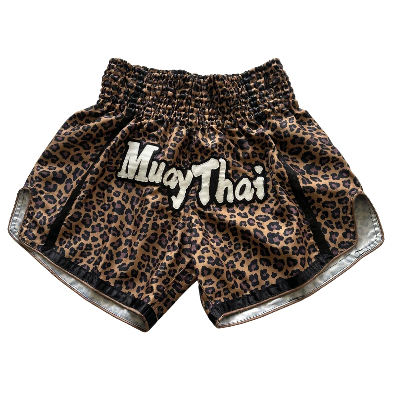 Leopard Print Muay Thai Shorts Unisex Satin Boxing Trunks Elastic Waist Kickboxing MMA Training Fight Shorts for Men Women Kids
