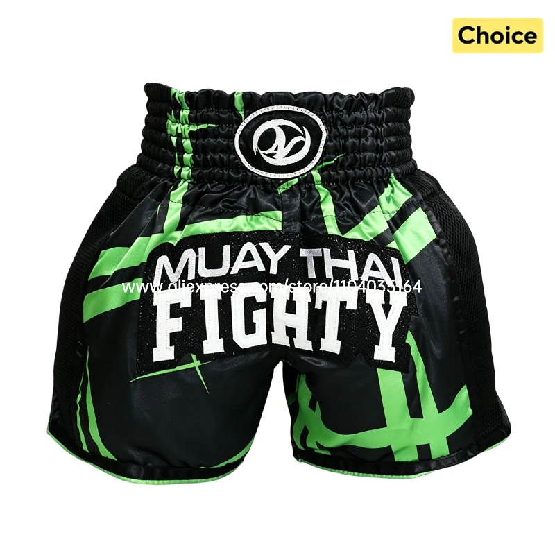 Boxing Shorts Classic Muay Thai Shorts Male Female Boy Girl Martial Arts Sparring Kickboxing Cage Fight Training MMA Pants Green