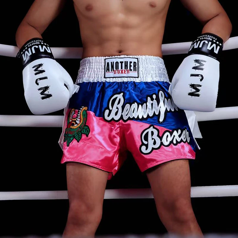 Muay Thai Fight Shorts Shiny Satin Embroidery Boxing MMA Kickboxing Gym Training Trunks Bow Decor Martial Arts Workout Shorts
