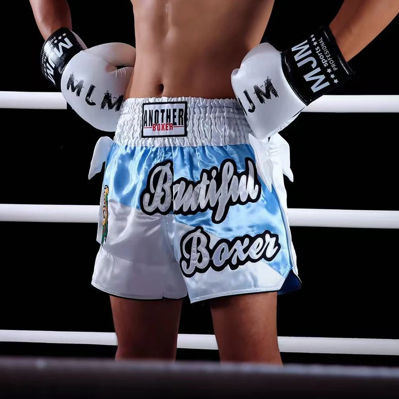 Muay Thai Fight Shorts Shiny Satin Embroidery Boxing MMA Kickboxing Gym Training Trunks Bow Decor Martial Arts Workout Shorts