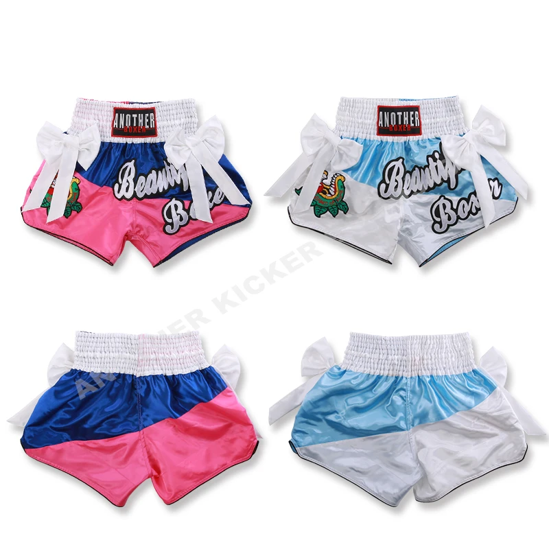 Muay Thai Fight Shorts Shiny Satin Embroidery Boxing MMA Kickboxing Gym Training Trunks Bow Decor Martial Arts Workout Shorts