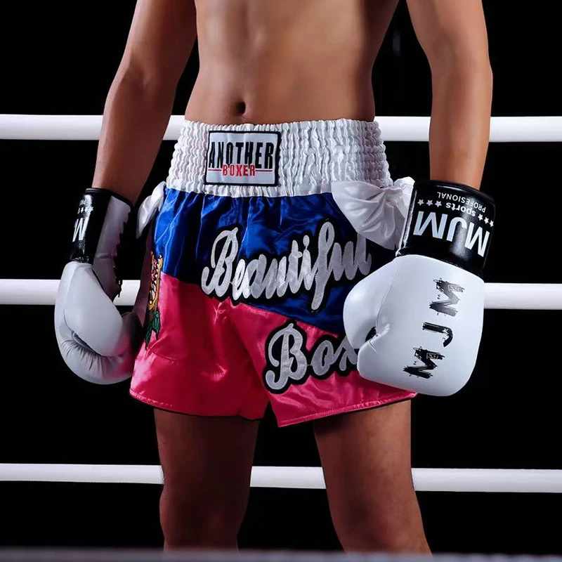 Muay Thai Fight Shorts Shiny Satin Embroidery Boxing MMA Kickboxing Gym Training Trunks Bow Decor Martial Arts Workout Shorts