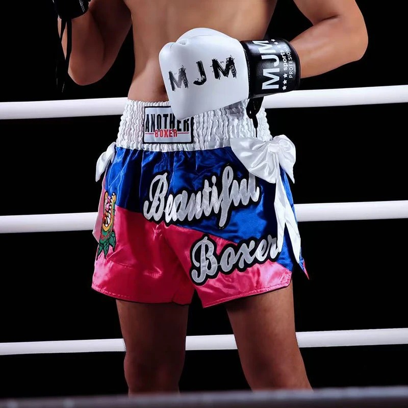 Muay Thai Fight Shorts Shiny Satin Embroidery Boxing MMA Kickboxing Gym Training Trunks Bow Decor Martial Arts Workout Shorts