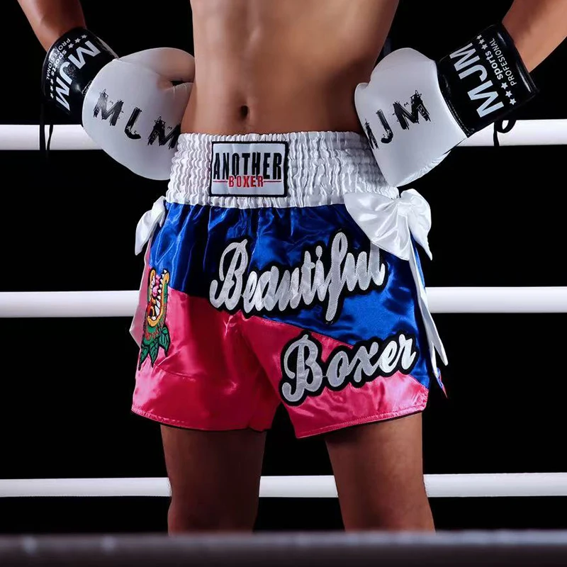 Muay Thai Fight Shorts Shiny Satin Embroidery Boxing MMA Kickboxing Gym Training Trunks Bow Decor Martial Arts Workout Shorts