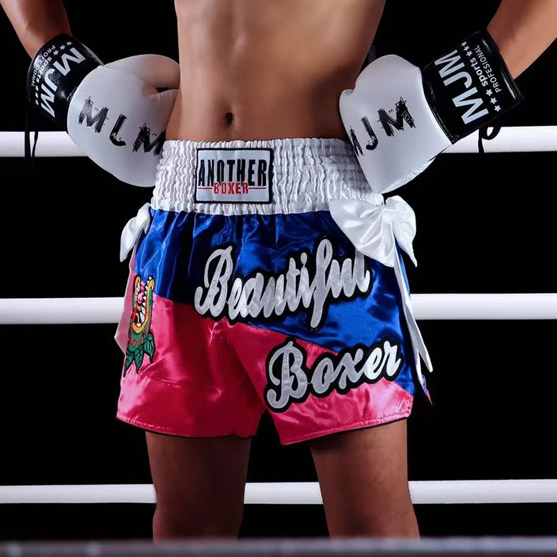 Muay Thai Fight Shorts Shiny Satin Embroidery Boxing MMA Kickboxing Gym Training Trunks Bow Decor Martial Arts Workout Shorts
