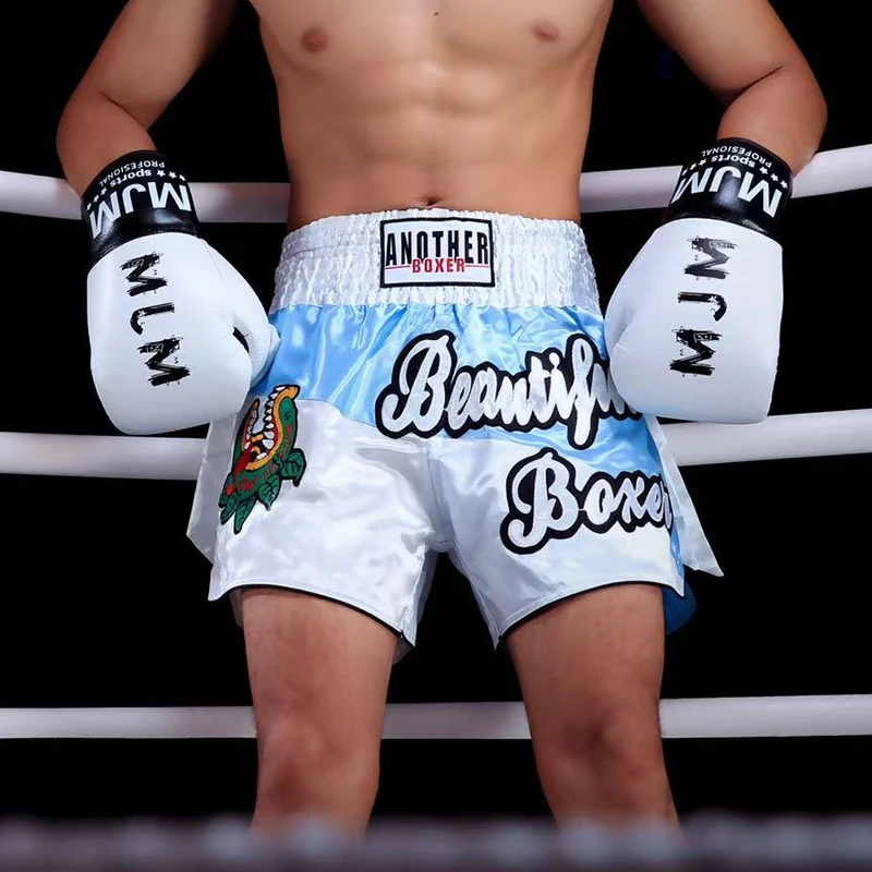 Muay Thai Fight Shorts Shiny Satin Embroidery Boxing MMA Kickboxing Gym Training Trunks Bow Decor Martial Arts Workout Shorts