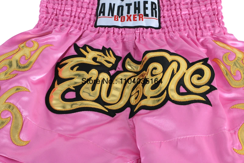 Muay Thai Shorts Satin Gold Embroidery Kickboxing Boxing Trunks Elastic Waist Fight Shorts for Men Women Kids Training Sparring
