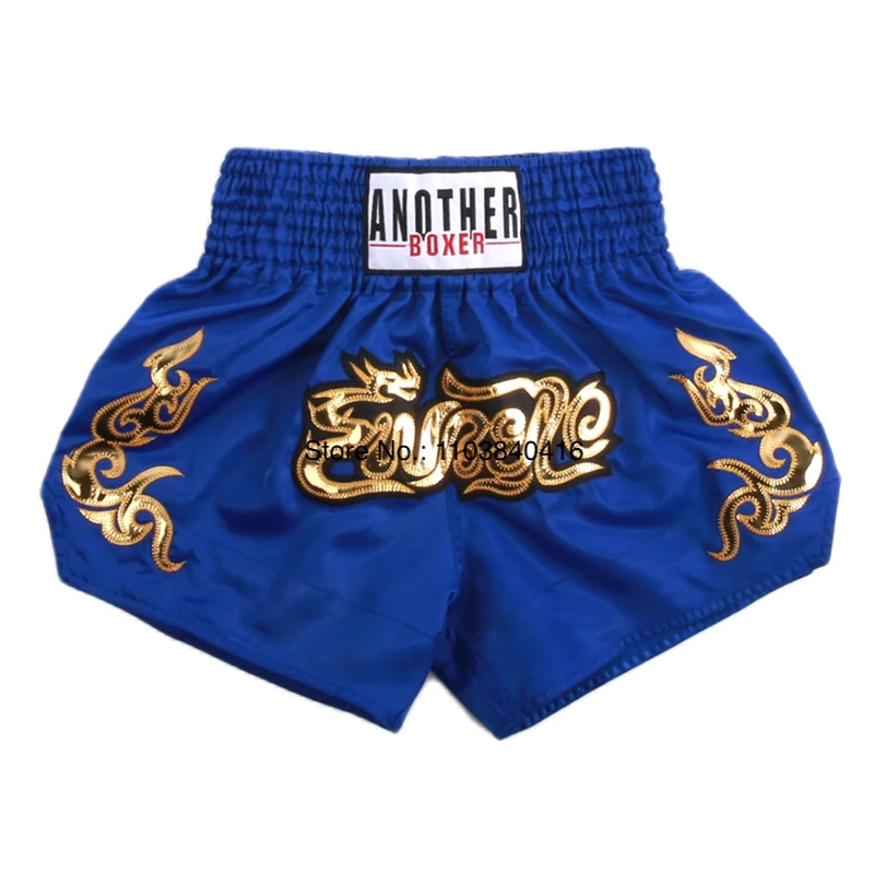 Muay Thai Shorts Satin Gold Embroidery Kickboxing Boxing Trunks Elastic Waist Fight Shorts for Men Women Kids Training Sparring