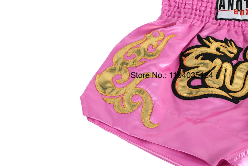 Muay Thai Shorts Satin Gold Embroidery Kickboxing Boxing Trunks Elastic Waist Fight Shorts for Men Women Kids Training Sparring