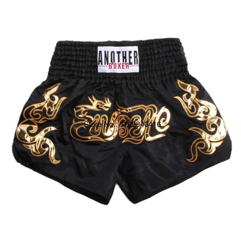 Muay Thai Shorts Satin Gold Embroidery Kickboxing Boxing Trunks Elastic Waist Fight Shorts for Men Women Kids Training Sparring
