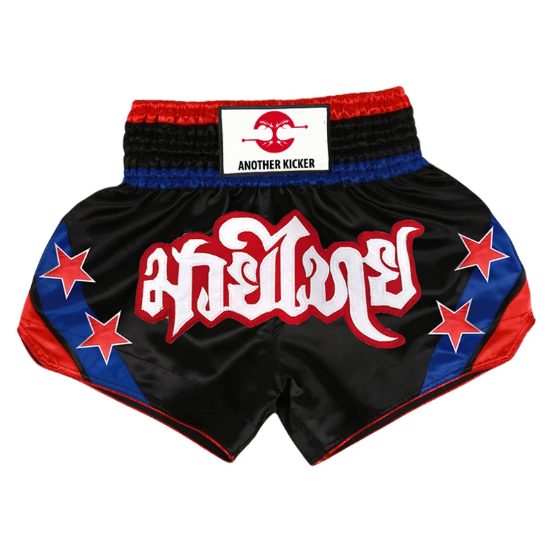 Muay Thai Shorts Satin Gold Embroidery Kickboxing Boxing Trunks Elastic Waist Fight Shorts for Men Women Kids Training Sparring