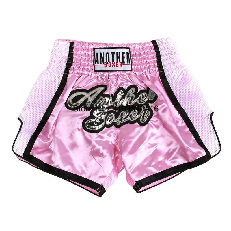 Muay Thai Shorts Satin Gold Embroidery Kickboxing Boxing Trunks Elastic Waist Fight Shorts for Men Women Kids Training Sparring
