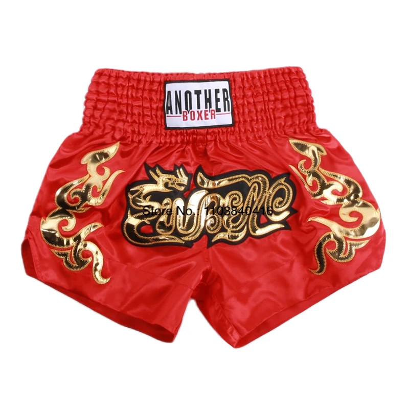 Muay Thai Shorts Satin Gold Embroidery Kickboxing Boxing Trunks Elastic Waist Fight Shorts for Men Women Kids Training Sparring