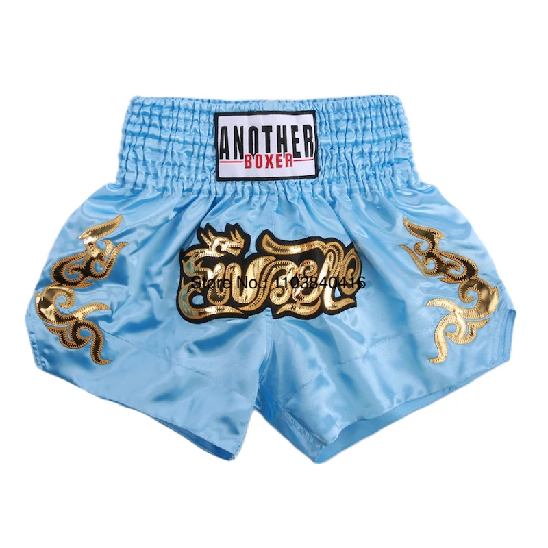 Muay Thai Shorts Satin Gold Embroidery Kickboxing Boxing Trunks Elastic Waist Fight Shorts for Men Women Kids Training Sparring