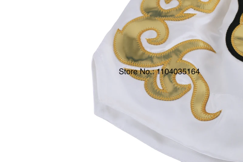 Muay Thai Shorts Satin Gold Embroidery Kickboxing Boxing Trunks Elastic Waist Fight Shorts for Men Women Kids Training Sparring