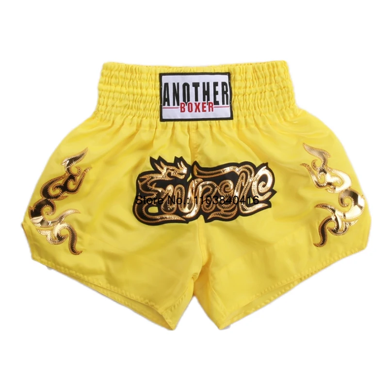 Muay Thai Shorts Satin Gold Embroidery Kickboxing Boxing Trunks Elastic Waist Fight Shorts for Men Women Kids Training Sparring