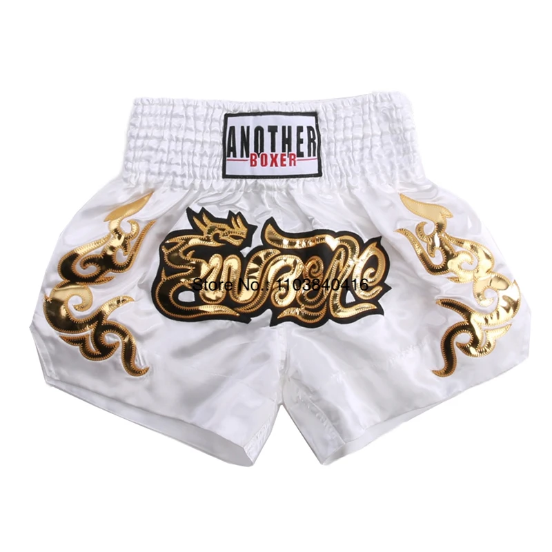 Muay Thai Shorts Satin Gold Embroidery Kickboxing Boxing Trunks Elastic Waist Fight Shorts for Men Women Kids Training Sparring