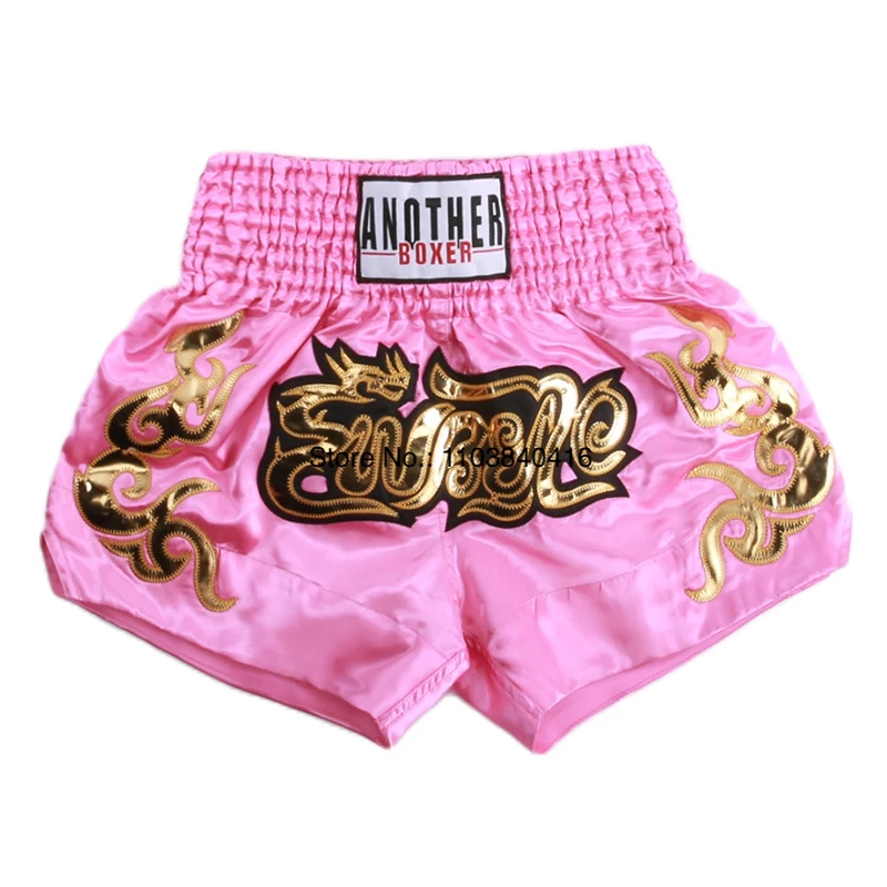Muay Thai Shorts Satin Gold Embroidery Kickboxing Boxing Trunks Elastic Waist Fight Shorts for Men Women Kids Training Sparring