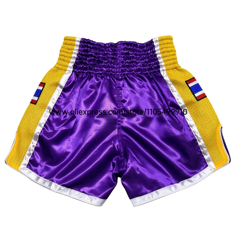 Plain Muay Thai Boxing Shorts Thailand Flag Embroidery Purple Kickboxing Fight Pants Men Women Kids Martial Arts Sparring Trunks