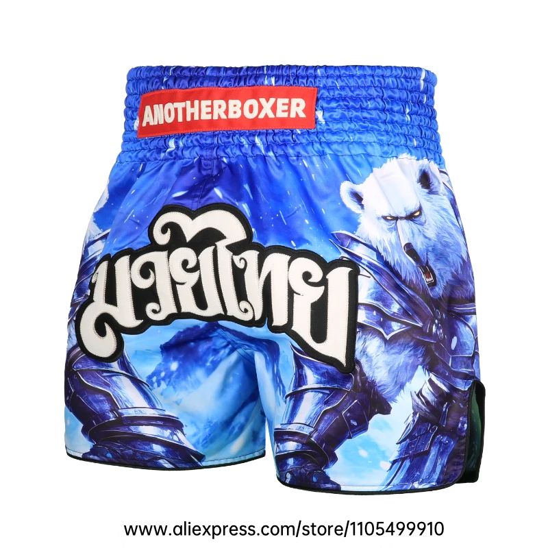Men Women’s Muay Thai Boxing Shorts Blue Polar Bear Graphic Kickboxing Shorts Lightweight Satin Fight Shorts for Muay Thai MMA