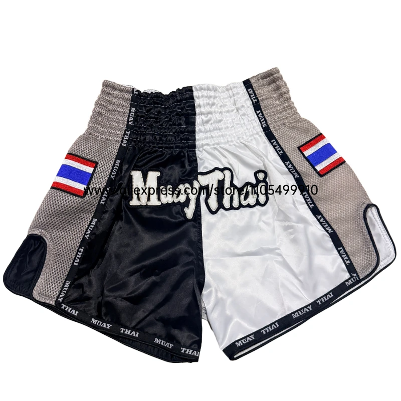 Adult Kids MMA Muay Thai Boxing Shorts Elastic Waist Satin Split Color Fight Shorts Mesh Side Thailand Flag Patch for Kickboxing
