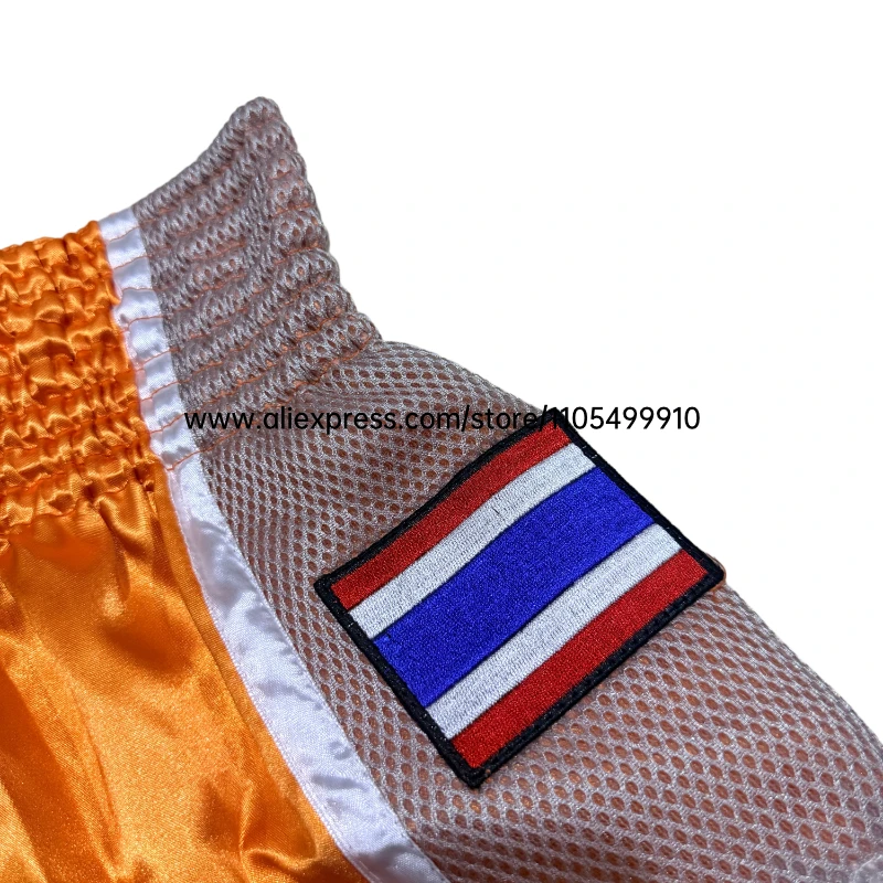 Adult Kids MMA Muay Thai Boxing Shorts Elastic Waist Satin Split Color Fight Shorts Mesh Side Thailand Flag Patch for Kickboxing