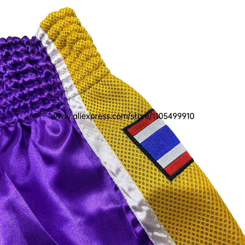 Adult Kids MMA Muay Thai Boxing Shorts Elastic Waist Satin Split Color Fight Shorts Mesh Side Thailand Flag Patch for Kickboxing