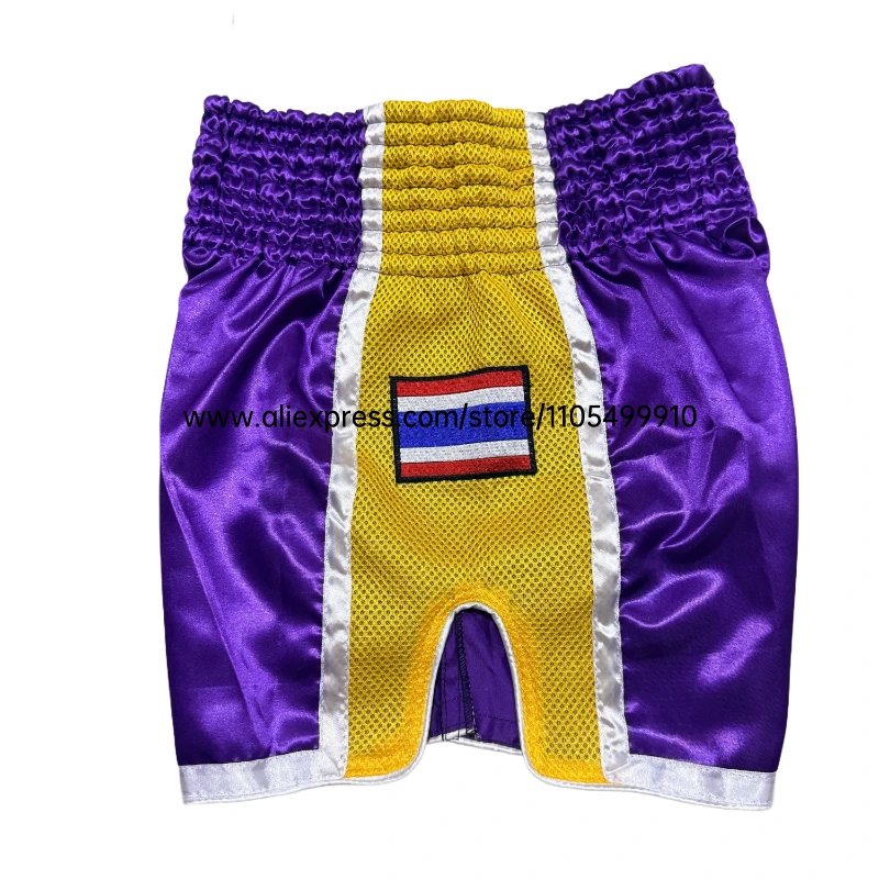 Adult Kids MMA Muay Thai Boxing Shorts Elastic Waist Satin Split Color Fight Shorts Mesh Side Thailand Flag Patch for Kickboxing