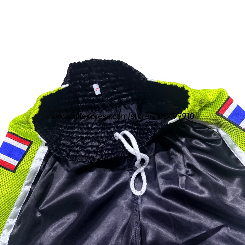 Adult Kids MMA Muay Thai Boxing Shorts Elastic Waist Satin Split Color Fight Shorts Mesh Side Thailand Flag Patch for Kickboxing