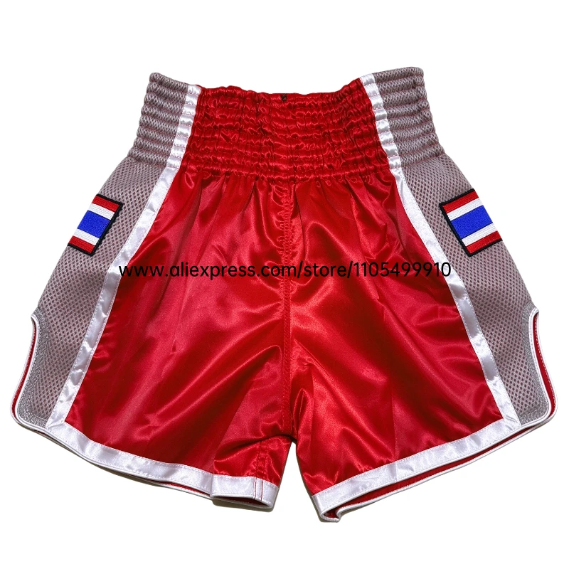 Adult Kids MMA Muay Thai Boxing Shorts Elastic Waist Satin Split Color Fight Shorts Mesh Side Thailand Flag Patch for Kickboxing