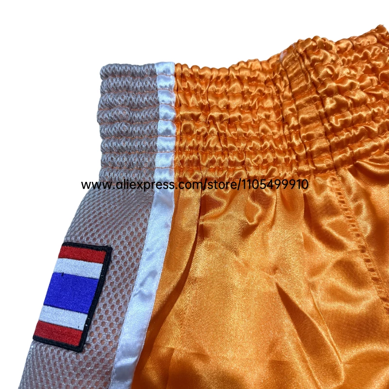 Adult Kids MMA Muay Thai Boxing Shorts Elastic Waist Satin Split Color Fight Shorts Mesh Side Thailand Flag Patch for Kickboxing